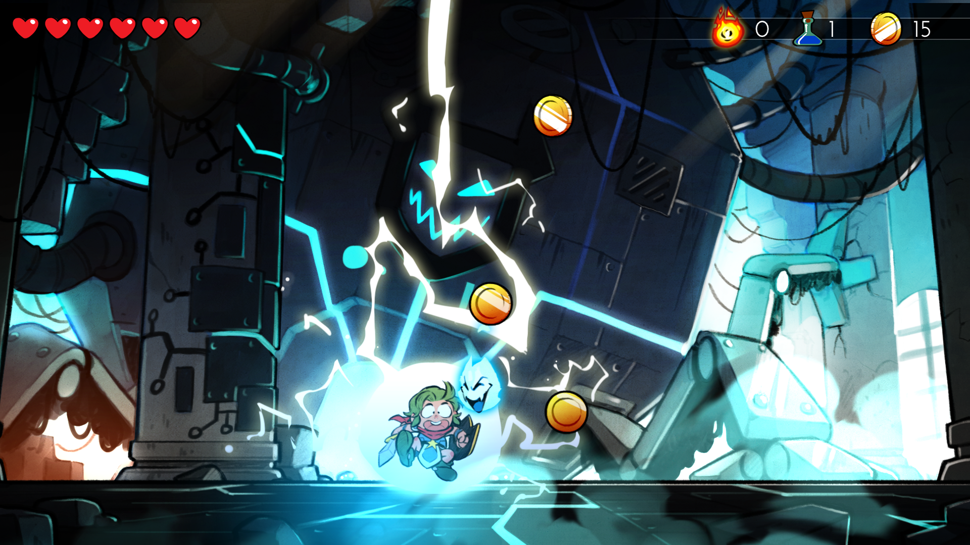 The human adventurer recoils beneath lightning in an illustrated stone-and-metal chamber