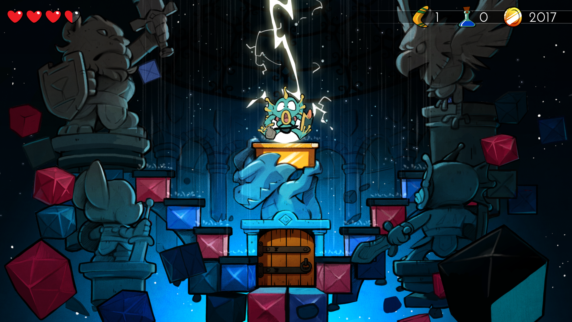 Piranha-Man is suspended beneath lightning in a chamber decorated with statues of the animal forms
