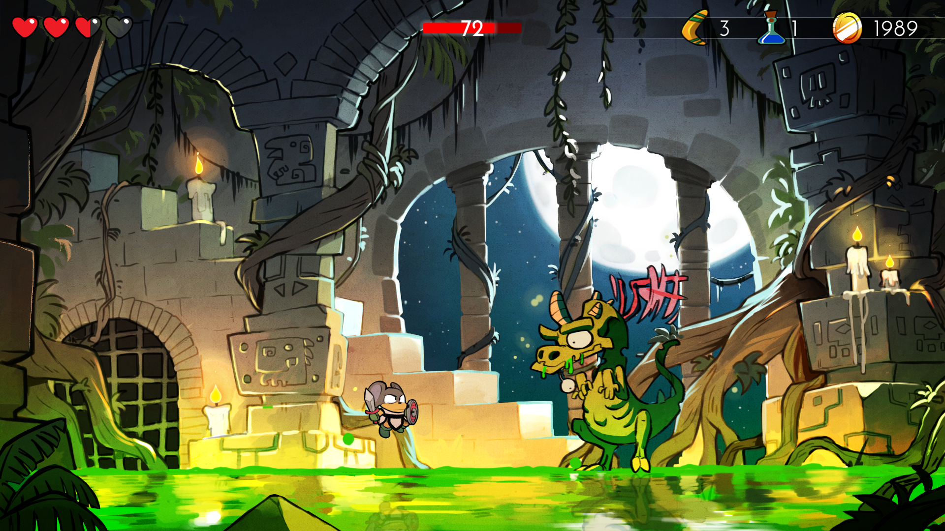 Mouse-Man faces a large green dragon above a pool of green liquid in a ruined stone chamber