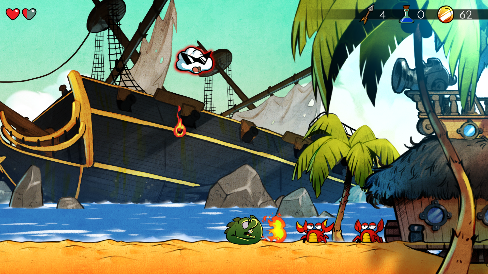 Lizard-Man breathes fire toward crabs on a beach in Wonder Boy: The Dragon's Trap, with a sailing ship in the background